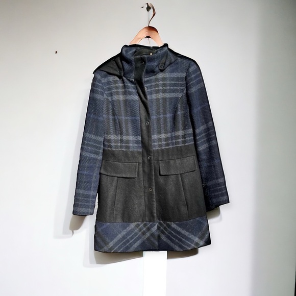 🌻GUESS Blue & Black Plaid Hooded Wool-Blend Trench Coat Jacket Size Medium - Picture 1 of 11